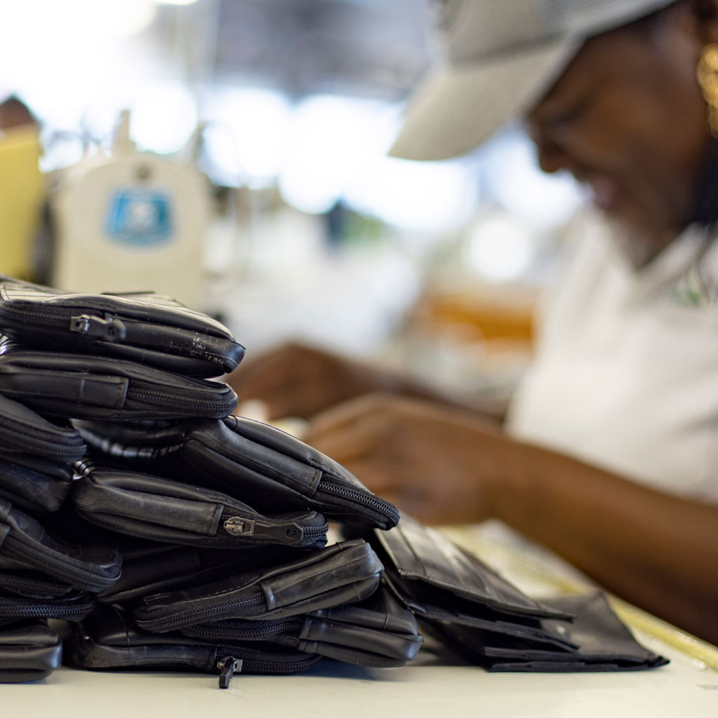 recycled inner tube wallet being made